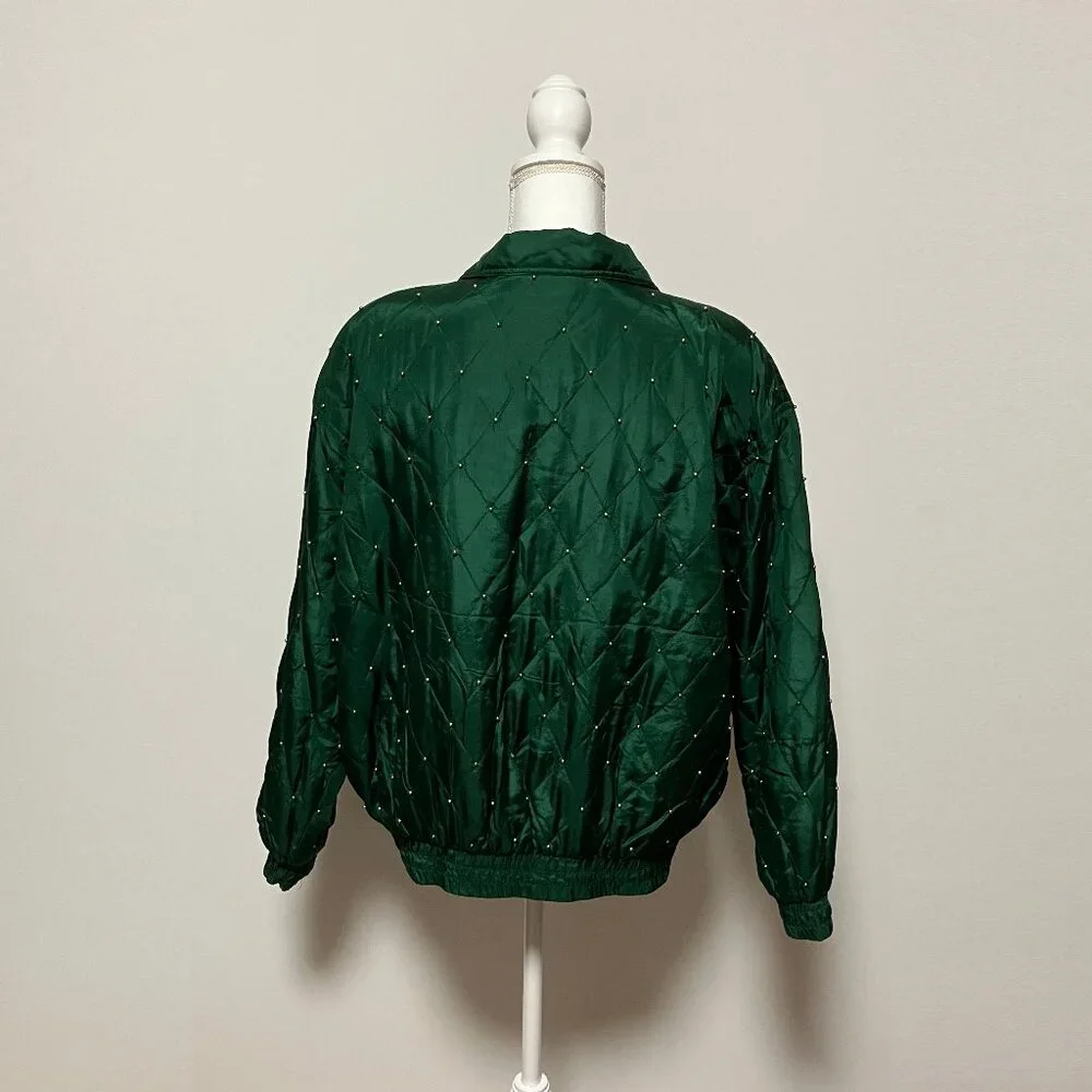Vintage Selene Paris Green Studded Silk Bomber Jacket, Size Large, Shoulder Pads - Picture 3 of 9